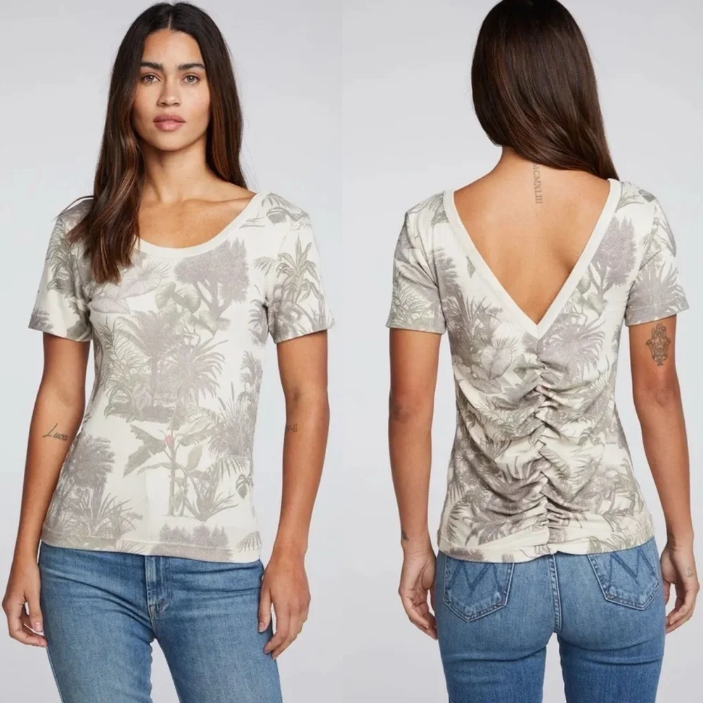 CHASER Tropical Recycled Vintage Print Ruched V Back T Shirt Size M NWOT - Picture 1 of 9